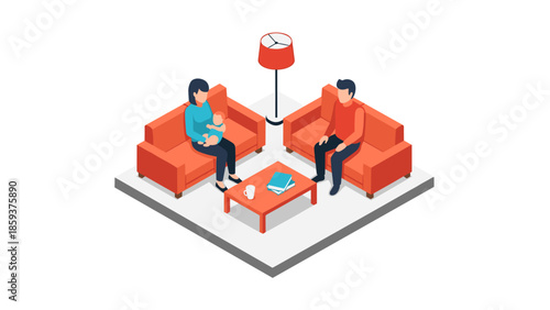Cozy living room scene with family and modern isometric design