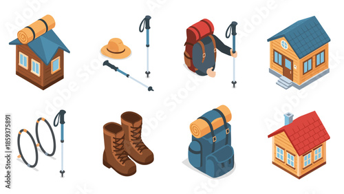 Isometric camping gear and cabins: backpacks, hiking sticks, and boots in outdoor adventure set