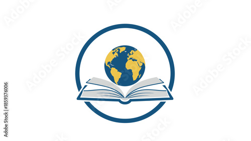 An open book below a globe within a circle, symbolic of global education