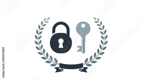A shield-like logo featuring a padlock, a key, olive branches, and a ribbon on white background