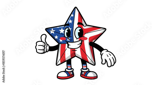 Patriotic star character giving thumbs up with American flag design