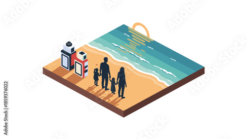 Family stroll on isometric beach with ocean waves and lighthouses at sunset