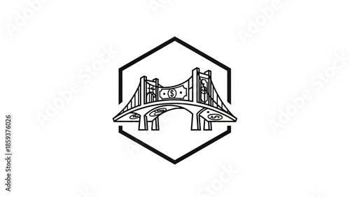 Black outline bridge with dollar signs within a hexagon, on white background