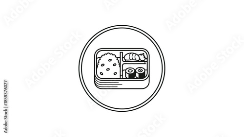Black and white illustration of a bento box containing rice, fish, and sushi