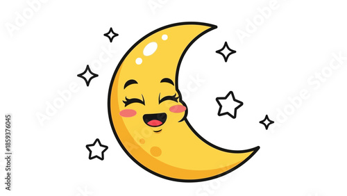 Smiling crescent moon with stars shining brightly at night