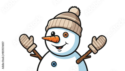 Friendly snowman wearing winter hat and gloves smiling cheerfully