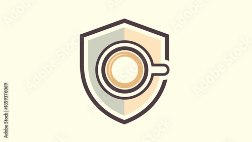 Shield-shaped design with a coffee cup silhouette inside, in cream, gray, and brown tones