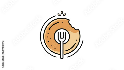 Simple bagel logo with fork inside and leaves on top, partially eaten