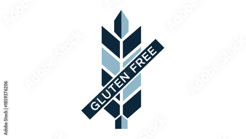 A stylized wheat symbol, partly blue, with a "Gluten Free" banner across it on a white background