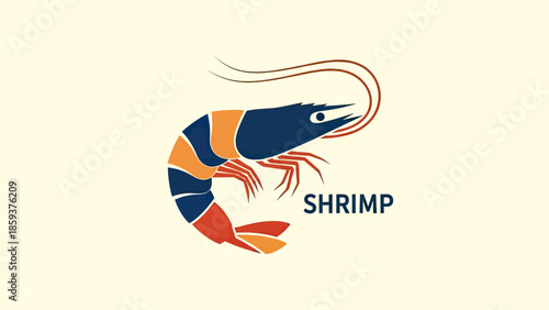 A stylized shrimp illustration in blues, oranges, and red with "SHRIMP" text below
