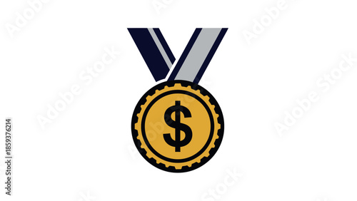 A gold medallion with a dollar sign on it, hanging from a navy and silver ribbon