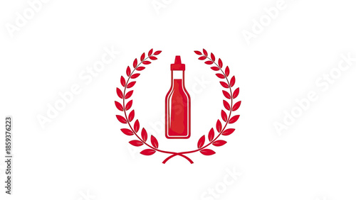 A red bottle icon, framed by laurel wreath, on white. Abstract and decorative design