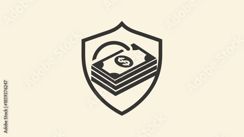 A stylized black and white illustration of money inside of a shield