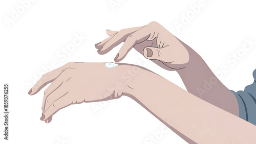 A digitally rendered image shows a hand applying cream to the other. The hands are light-skinned and the nails are a natural hue. A sleeve is visible