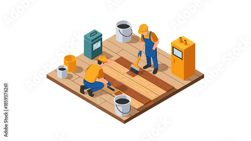Isometric workers varnishing wooden floor with tools and equipment