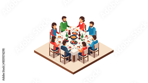 Family dining together at a festive meal in isometric style