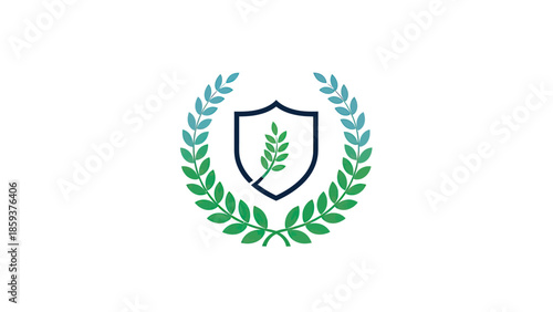 A shield with a green plant sprig inside, surrounded by a gradient laurel wreath