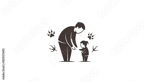 A father and daughter, rendered in silhouette, facing each other. Paw prints and bird tracks surround them. The scene is on a white background