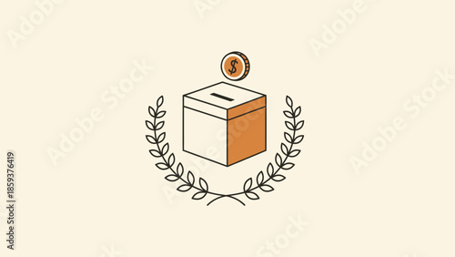 Vector illustration featuring a donation box, coin with a dollar sign, and laurel wreath