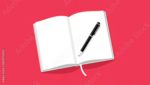 A digitally rendered open notebook with blank white pages, a black pen rests upon it. The background is a textured red color
