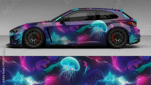 A modern hatchback car with a custom green and beige wrap featuring a hexagonal pattern filled with ancient runic symbols.