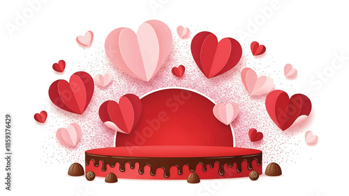 A digitally crafted graphic featuring paper hearts in varying sizes and shades, cascading around a red platform with chocolate accents and candies