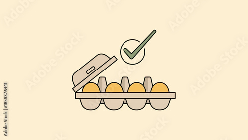 Flat illustration of an opened egg carton with eggs and a checkmark on a beige background