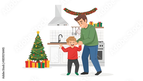 A father helps his child walk during Christmas time. A Christmas tree and presents decorate the room, and there is a banner that says Merry Christmas