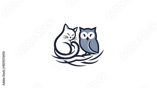 A feline cuddles near a wise bird, nestled in a stylized nest. The design uses muted colors, creating a soothing aesthetic on a white background