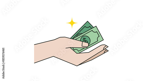 Hand with green paper bills, symbol of wealth. A bright yellow star emanates from the notes