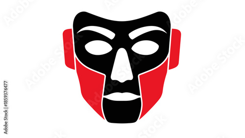 A graphic stylized mask, black and red, on white background, with a face-like appearance