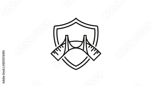 A minimalist logo featuring a bridge design enclosed in a shield shape