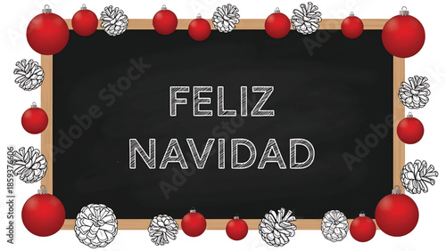 A festive chalkboard with "Feliz Navidad" in white text, adorned with red ornaments and hand-drawn pinecones. It has a wooden frame