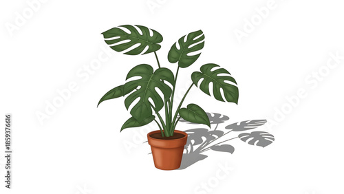 A digitally rendered plant featuring vibrant green leaves with unique cutouts, rooted in a terracotta pot with a natural, shaded effect