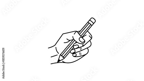 A hand, depicted in outline, holds a pencil ready to write on a white background