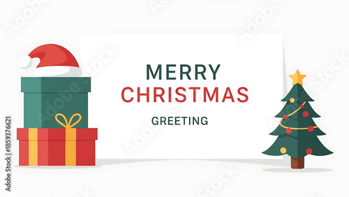 A festive Christmas card features gifts, a Santa hat, a Christmas tree, and a "Merry Christmas" greeting on a white background
