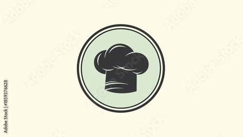 A chef's hat silhouette within a circular frame on an off-white background