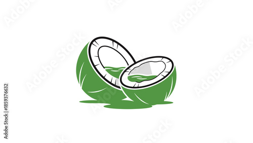 A green stylized illustration featuring a split coconut, with liquid inside, set on a white background