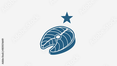 A blue stylized fish steak beneath a star against a white background. Simple and clean illustration