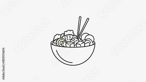 Line art illustration of a bowl filled with various food items with chopsticks