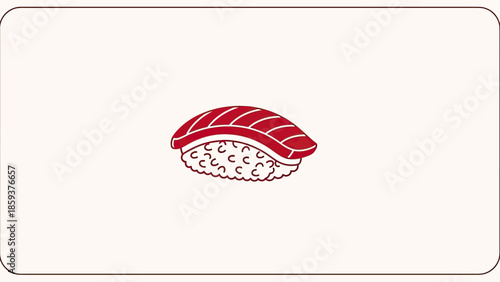 A minimalist illustration of a single sushi piece, red fish on rice, centered within a border