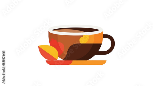 A digitally created illustration of a coffee cup with a handle, stylized with orange, brown, and yellow colors, alongside some leaves