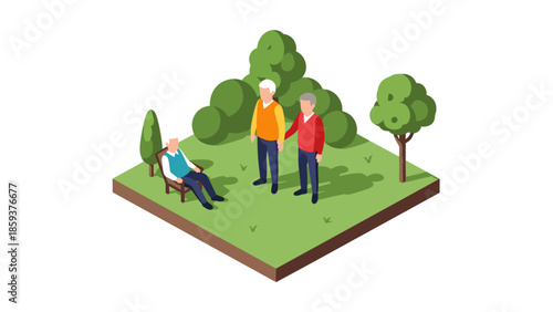Elderly friends enjoying outdoor park in an isometric 3d setting