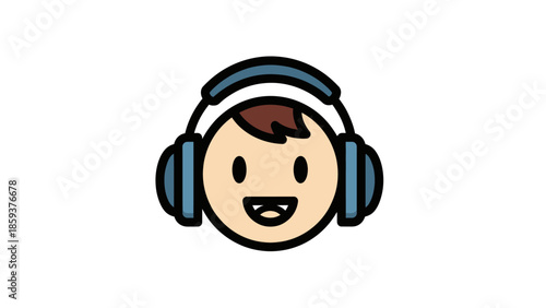 Smiling face with headphones. Cartoon illustration of a cheerful person listening to music