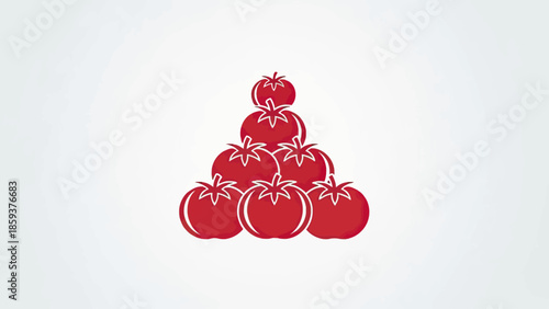 A stylized illustration features a pyramid of red tomatoes on a gradient white background