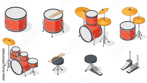 Isometric drum set collection with red drums and cymbals for music enthusiasts