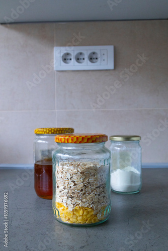 Glass Jars with Food Ingredients on Kitchen Counter