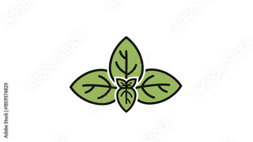 A stylized illustration of green leaves with black outlines, on a white background
