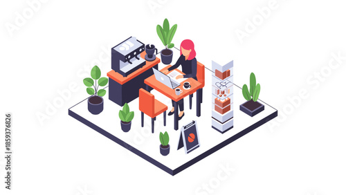 Isometric café workspace with barista, plants, and coffee machine