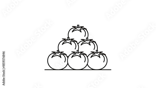 A geometric illustration of tomatoes stacked in a pyramid shape on a flat line base